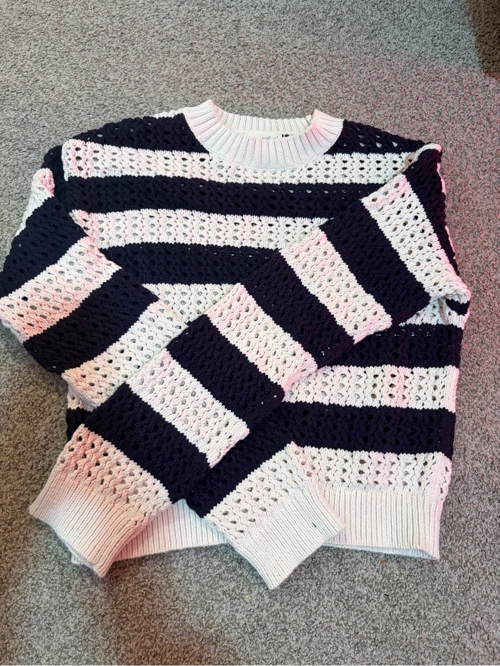 Universal Thread Navy & White Striped Open-Knit Crewneck Sweater
